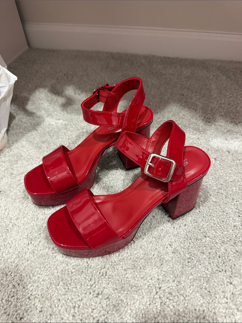 Soda Red Patent Platform Block Heel Sandals